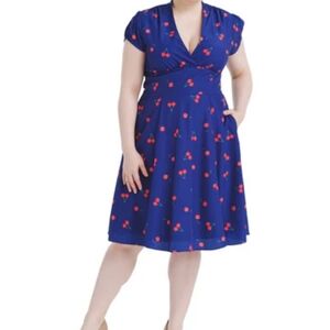 eShakti Fit and Flare Blue & Red Cherries Side Pockets Fairycon Midi Dress